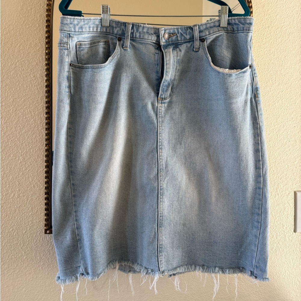 Light Blue Denim Frayed Hem Skirt